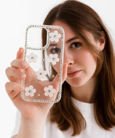 CoverVilla Crystal Daisy iPhone Case Floral Bling Design - White, iPhone 14 Pro