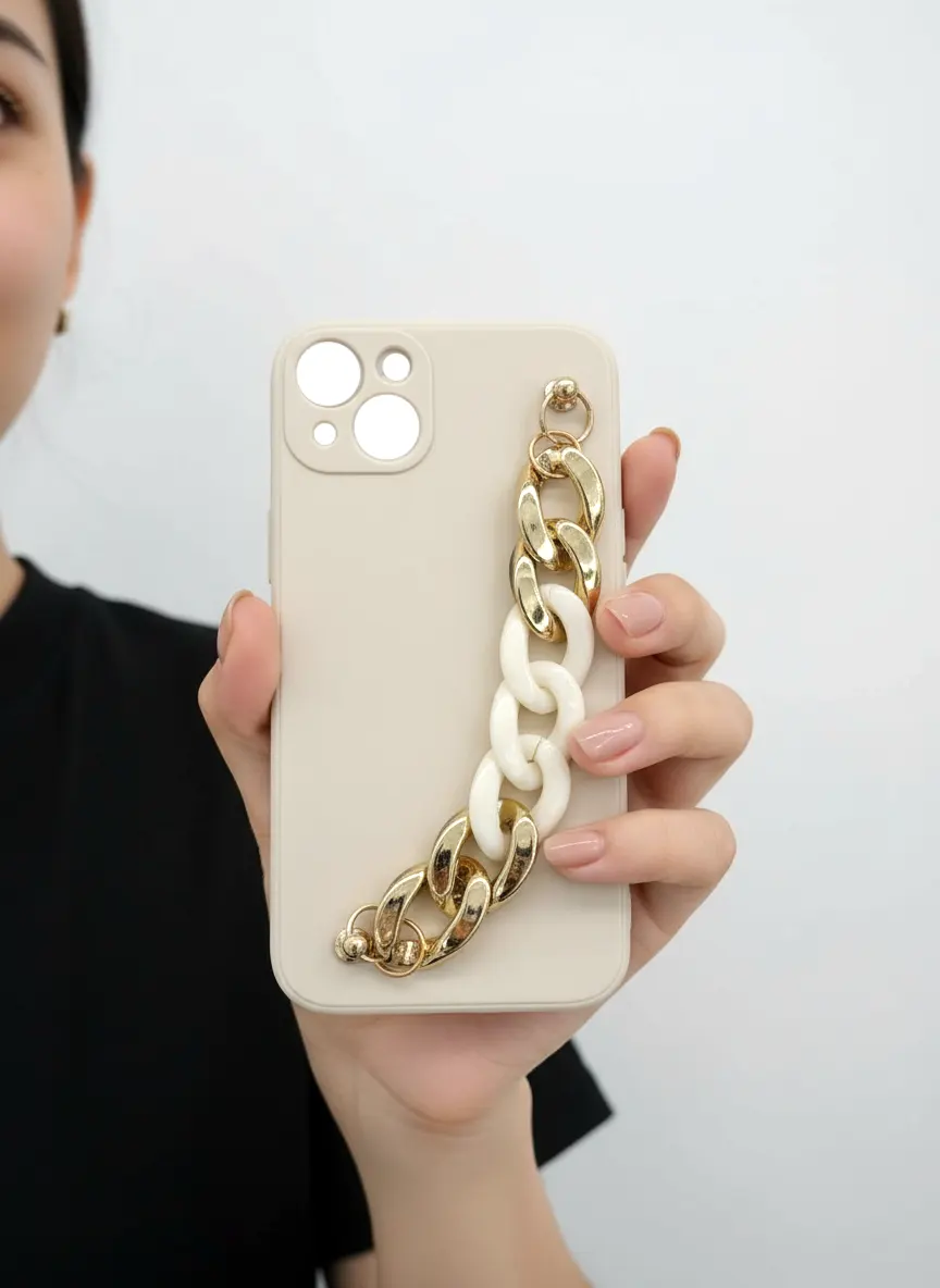 CoverVilla iPhone Case with Chain – Elegant Gold & White Design