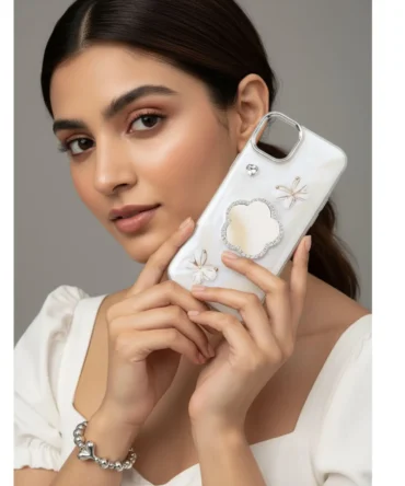 CoverVilla Cloud Mirror iPhone Case with Bead Bracelet for iPhone 15 Plus (6.7") – Reflective Back, Shock-Absorbent Bumper, Camera Guard