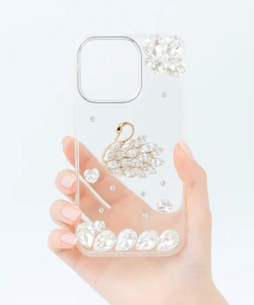 CoverVilla Swan iPhone Case Elegant Crystal & Rhinestone Design - White, iPhone 14 Pro