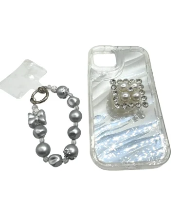CoverVilla Pearl Pop Mirror Case With Silver Charm Bracelet - White, iPhone 14 Pro Max