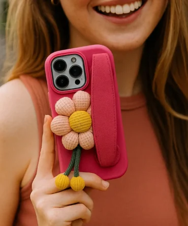 CoverVilla Daisy Strap iPhone Case Soft Silicone with 3D Flower - Pink, iPhone 15 Pro