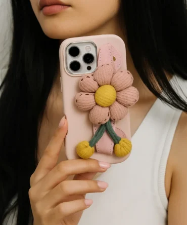 CoverVilla Daisy Strap iPhone Case Soft Silicone with 3D Flower - Baby Pink, iPhone 16 Plus