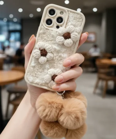 CoverVilla Furry Floral iPhone Case With Pom Pom Bracelet - White, iPhone 16 Plus