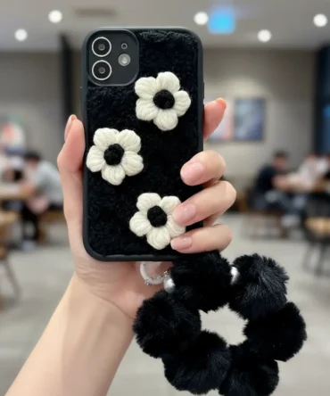 CoverVilla Furry Floral iPhone Case With Pom Pom Bracelet - Black, iPhone 15 Pro Max