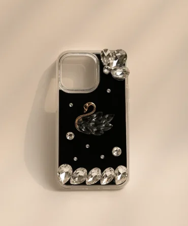 CoverVilla Swan iPhone Case Elegant Crystal & Rhinestone Design - Black, iPhone 14 Pro