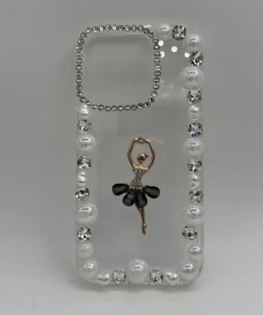 CoverVilla Ballerina iPhone Case Elegant Pearl & Rhinestone Design - Black, iPhone 15 Pro