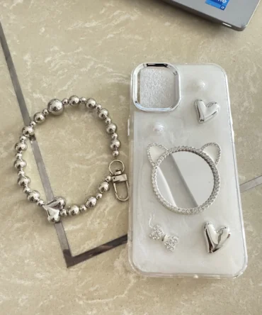 CoverVilla Clear Mirror Bear iPhone Case Charm Bracelet - White, iPhone 16 Plus