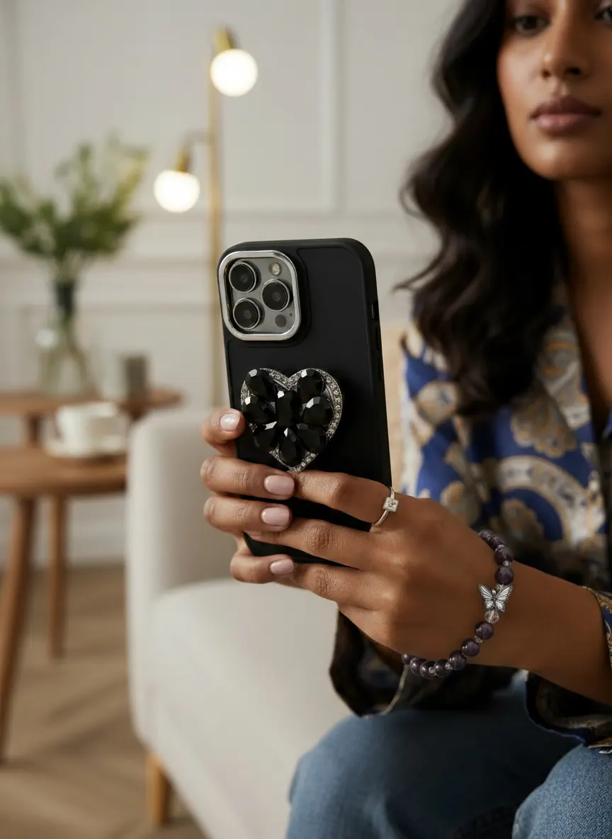 CoverVilla Heart Grip iPhone Case With Matching Bead Bracelet - Black, iPhone 16 Plus